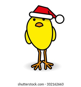 Single Yellow Chick wearing Red Santa Hat Staring towards camera on White Background