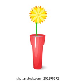 Single yellow flower in red glossy vase with elements of transparency and isolated on background, vector holiday illustration
