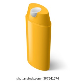 Single Yellow Isometric Bottle of Shampoo on White