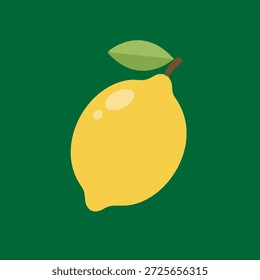 Um único limão amarelo com uma folha verde sobre um fundo verde escuro, uma ilustração de fruta saudável