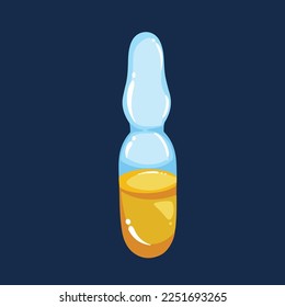 Líquido de aceite amarillo simple en vidrio ampolla médica ilustración vectorial aislado en fondo azul oscuro claro. El arte de las caricaturas diseñó una dosis de vacuna. Estilo de arte sencillo y colores.