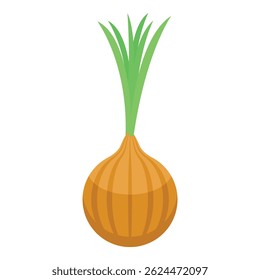 Single yellow onion with green sprouts growing out of the top
