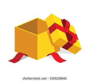 Single yellow open gift box / square present with red ribbon bow flat design illustration. Isometric vector interface elements for app icon ui ux banner web invitation isolated on white background