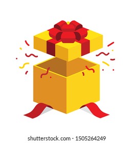 Single yellow open giftbox / square present with red ribbon bow flat isometric illustration design, surprise with confetti, vector interface app icon ui ux button web isolated on white background