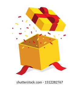 Single yellow open giftbox / square present with red ribbon bow flat isometric illustration design, surprise with confetti, vector interface app icon ui ux banner web isolated on white background