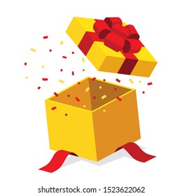 Single yellow open giftbox / square present with red ribbon bow flat isometric illustration design, surprise confetti inside, vector interface app icon ui ux banner web isolated on white background