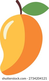 Single Yellow and Orange Mango with Stem and Leaf, Flat Design