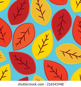 Single yellow, orange, and red fall leaves seamless pattern on blue background