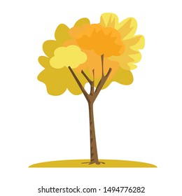 Single yellow tree in autumn season. Fall season tree with solid color style. Vector illustration.