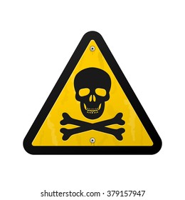 Single yellow triangular warning sign icon graphic of black skull and crossbones over isolated white background