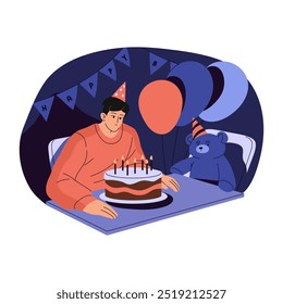 Joven soltero celebra cumpleaños solo. Un tipo triste y solitario soplando velas en el pastel. Persona deprimida e infeliz en soledad en la fiesta. Concepto de soledad. Ilustración vectorial aislada plana en blanco