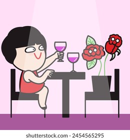 Single Young Woman Creating A Simple Valentine's Date At Home Where She Can Enjoy Some Quiet Time With Her Red Roses Concept Card Character illustration