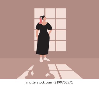 Single young woman inside, flat vector stock illustration with room with window, solitude and shadow