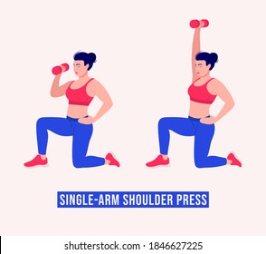Single-Arm Shoulder Press exercise, Woman workout fitness, aerobic and exercises. Vector Illustration.