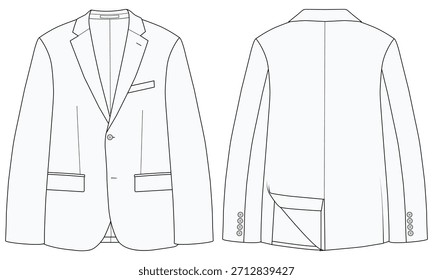 Men’s Single-Breasted Blazer Vector  Fashion Technical Sketch