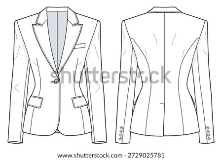 Single-Breasted Tailored Blazer Technical Fashion Illustration. Structured Jacket with Sharp Shoulders, Nipped-In Waist, Three-Pocket Design, and Topstitching Details. Front and Back Views. Women’s Outerwear. CAD Mockup Set.