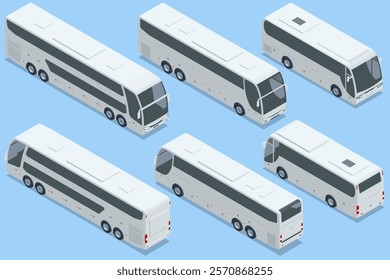 Single-colored white intercity buses. Isometric vector design featuring white intercity buses. Perfect for travel, transportation, and fleet management graphics