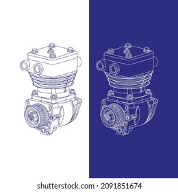 Single-cylinder compressor for kamaz. Vector outline drawing in two colors. Lines simple drawing. Building from the inside of a large mechanism.