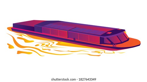 A single-deck motor ship drawn in a gradient vector, boating along rivers and canals