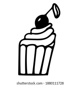 Single-element hand-drawn icon cake with cherry. Vector illustration of doodles for cafes and restaurants, cute postcards and culinary design.