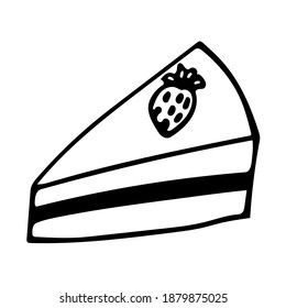 Single-element hand-drawn icon of a piece of cake with strawberries. Vector illustration of doodles for cafes and restaurants, cute postcards and culinary design.
