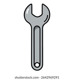 Ein einseitiger Schraubenschlüssel oder Schraubenschlüssel in einem grauen Metall-Cartoon-Stil. Ein Symbol für Einstellungen, Konfiguration, Reparatur und technischen Support. Einfache Grafik für Web- und App-Schnittstellen.