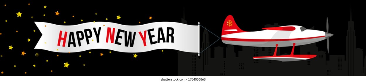 Single-engine airplane with valentine card, lettering Happy New Year. Dark background. Web banner panorama 
