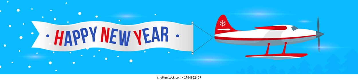 Single-engine airplane with valentine card, lettering Happy New Year. Blue background. Web banner panorama 