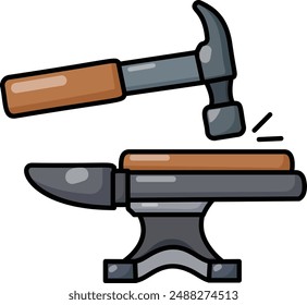 Single-horn anvil with hammer concept, straightening crooked nails vector outline design, timber and lumber Symbol, forest Deforestation products Sign,mill yard saw works stock illustration