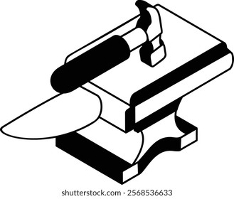 Single-horn anvil with hammer isometric concept, straightening crooked nails vector outline design, firewood or crafts Symbol, forest Deforestation products Sign,Lumberyard stock illustration