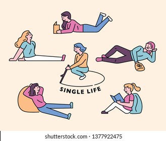 A single-life woman who lays comfortably in the room. Outline style character design. flat design style minimal vector illustration