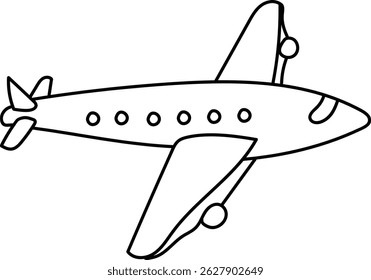 A single-line airplane drawing shows a propeller plane with windows.  This airliner sketch depicts a streamlined aircraft in flight. Cartoon vector illustration