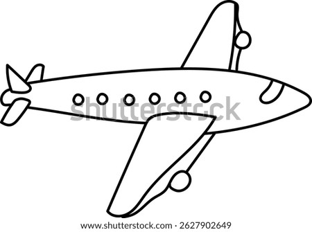 A single-line airplane drawing shows a propeller plane with windows.  This airliner sketch depicts a streamlined aircraft in flight. Cartoon vector illustration