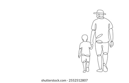 Single-line art of father and son walking vector art illustration