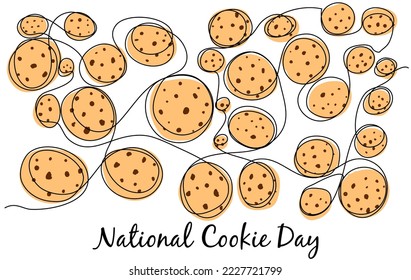 Single-line chocolate chip cookies with color silhouette on white isolate. Vector illustration for World Cookie Day. Stock image of goodies.