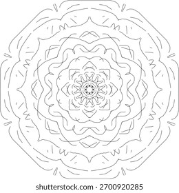 ✏️ Single-Line Description
This highly symmetrical line art is an intricate, layered mandala design radiating outwards from a central motif with eight-fold symmetry, presented in clean black and white