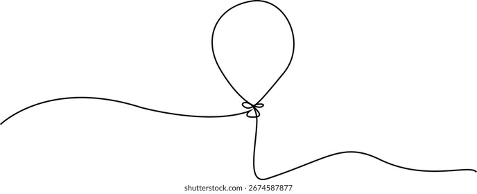 Desenho em linha única de um balão flutuando suavemente, com uma simples linha ondulada representando o solo.