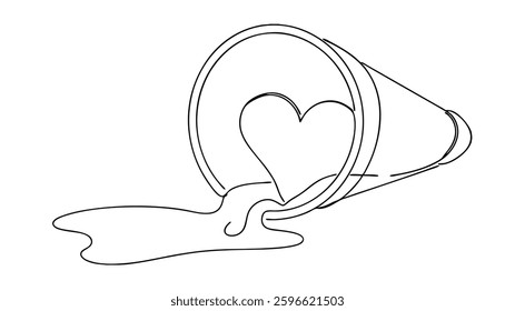 A singleline drawing depicts a tipped bucket spilling its liquid contents. Inside, a heart shape is visible, symbolizing lost love or heartbreak. The spilled liquid represents sadness and pain.