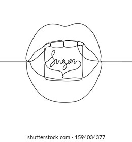 single-line drawing of a female open mouth with a piece of sugar sandwiched between teeth with the inscription sugar. The concept of pleasure, dessert, loving sweets, diabetes, harm to the teeth. 