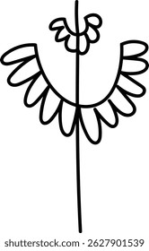 A single-line drawing floral motif with a central stem and symmetrical petals.  The minimalist artwork features a plant with a delicate bloom and unique leaf shapes. Cartoon vector illustration