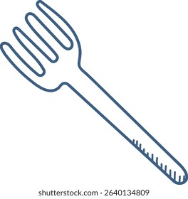 A single-line drawing of a fork with four tines in a clean style. The utensil is depicted in a simplistic and clear manner. Cartoon vector illustration.