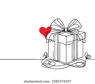 A Single-Line Drawing of a Gift Box Adorned with a Bow and Heart, Symbolic of Affection and Celebration