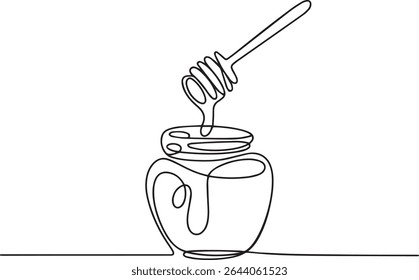 single-line drawing of a honey jar with dipper in continuous line art style on white background