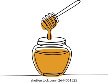 single-line drawing of a honey jar with dipper in continuous line art style on white background