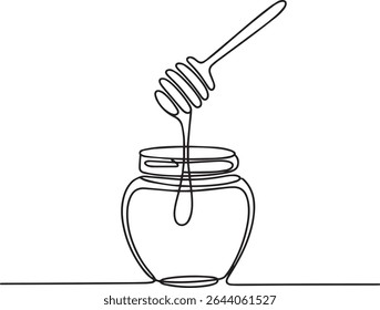 single-line drawing of a honey jar with dipper in continuous line art style on white background
