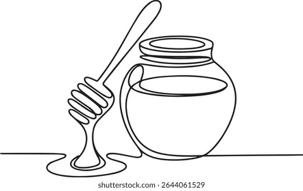 single-line drawing of a honey jar with dipper in continuous line art style on white background