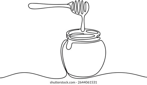 single-line drawing of a honey jar with dipper in continuous line art style on white background