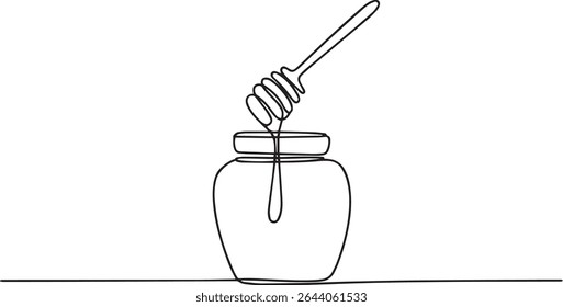 single-line drawing of a honey jar with dipper in continuous line art style on white background