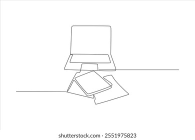 Single-line drawing of laptop and book on desk.