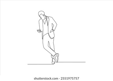 Single-line drawing of man in suit using phone.
